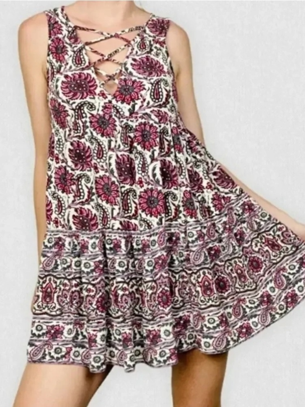 American Eagle Outfitters Pink & White Paisley Criss Cross Mini Dress